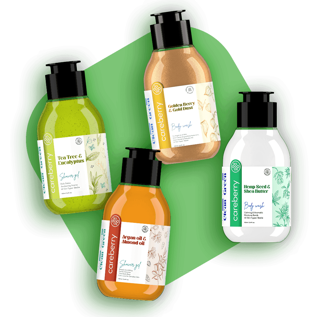 Pack of 4 Body Wash Combo - Hemp Seed, Tea Tree & Eucalyptus, Argan & Almond, Golden Berry & Gold Dust (100ml each) 